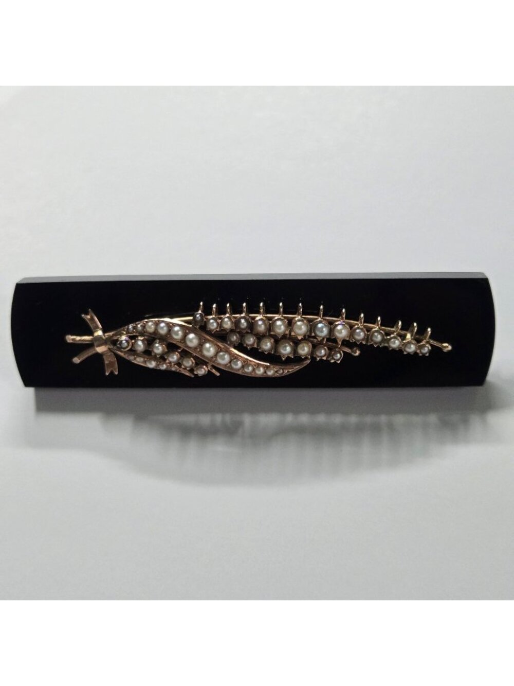 Victorian Antique 10k-14k Onyx Seed Pearl Lily Of The Valley Spray Mourning Broo